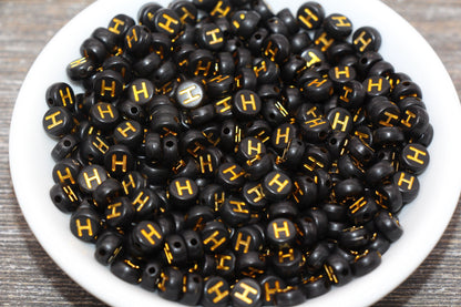 Letter H Beads, Black with Gold Letter H, Individual letter, Single Letter, Gold Letter H, Size 7mm
