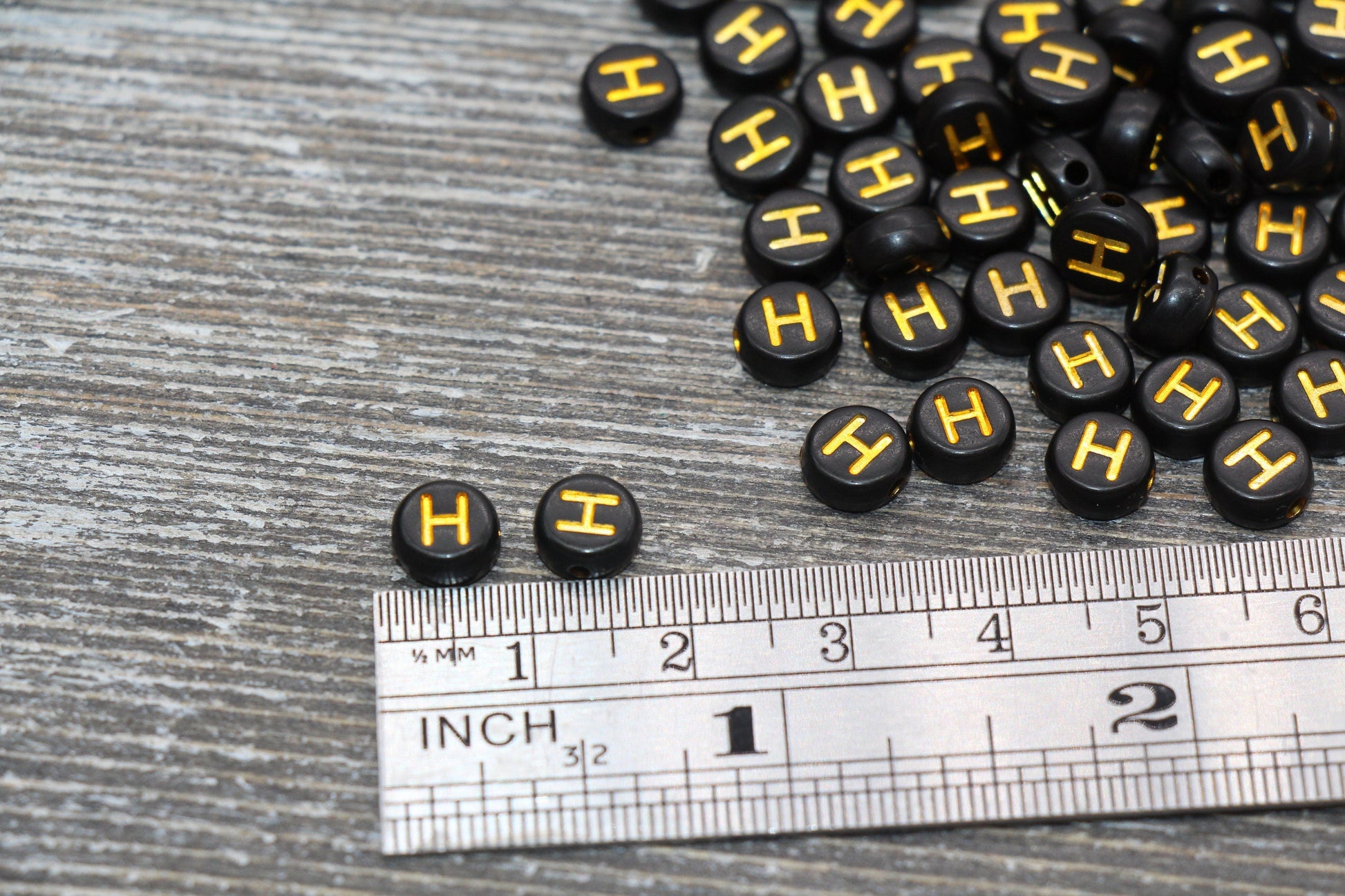 Letter H Beads, Black with Gold Letter H, Individual letter, Single Letter, Gold Letter H, Size 7mm