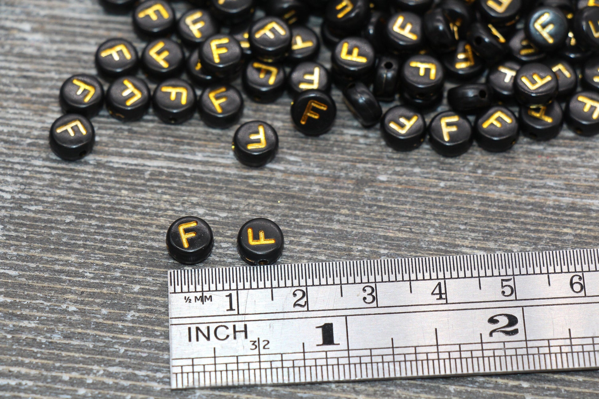 Letter F Beads, Black with Gold Letter F, Individual letter, Single Letter, Gold Letter F, Size 7mm