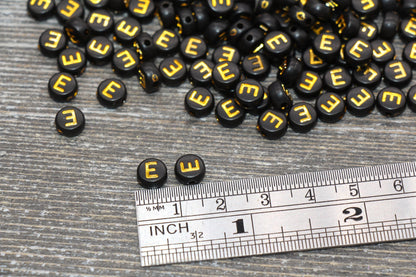 Letter E Beads, Black with Gold Letter E, Individual letter, Single Letter, Gold Letter E, Size 7mm