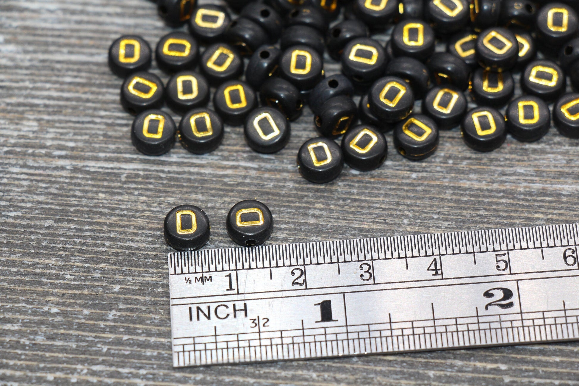 Letter D Beads, Black with Gold Letter D, Individual letter, Single Letter, Gold Letter D, Size 7mm