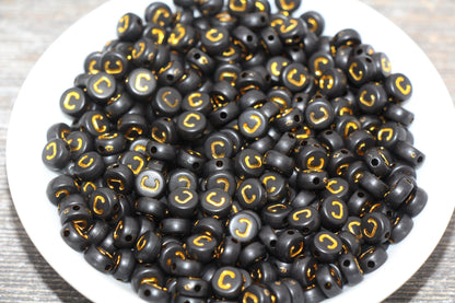 Letter C Beads, Black with Gold Letter C, Individual letter, Single Letter, Gold Letter C, Size 7mm
