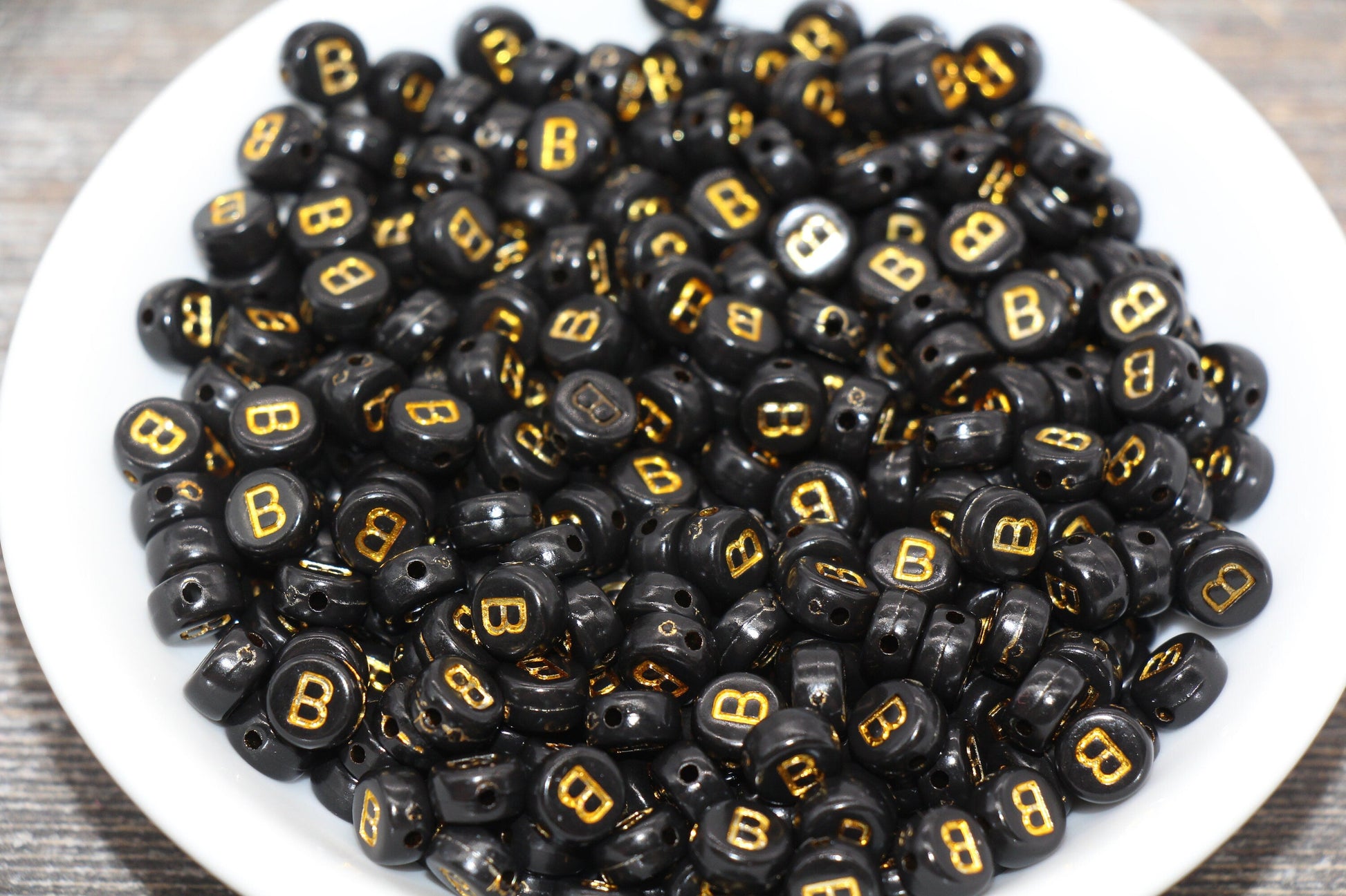 Letter B Beads, Black with Gold Letter B, Individual letter, Single Letter, Gold Letter B, Size 7mm