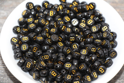 Letter B Beads, Black with Gold Letter B, Individual letter, Single Letter, Gold Letter B, Size 7mm