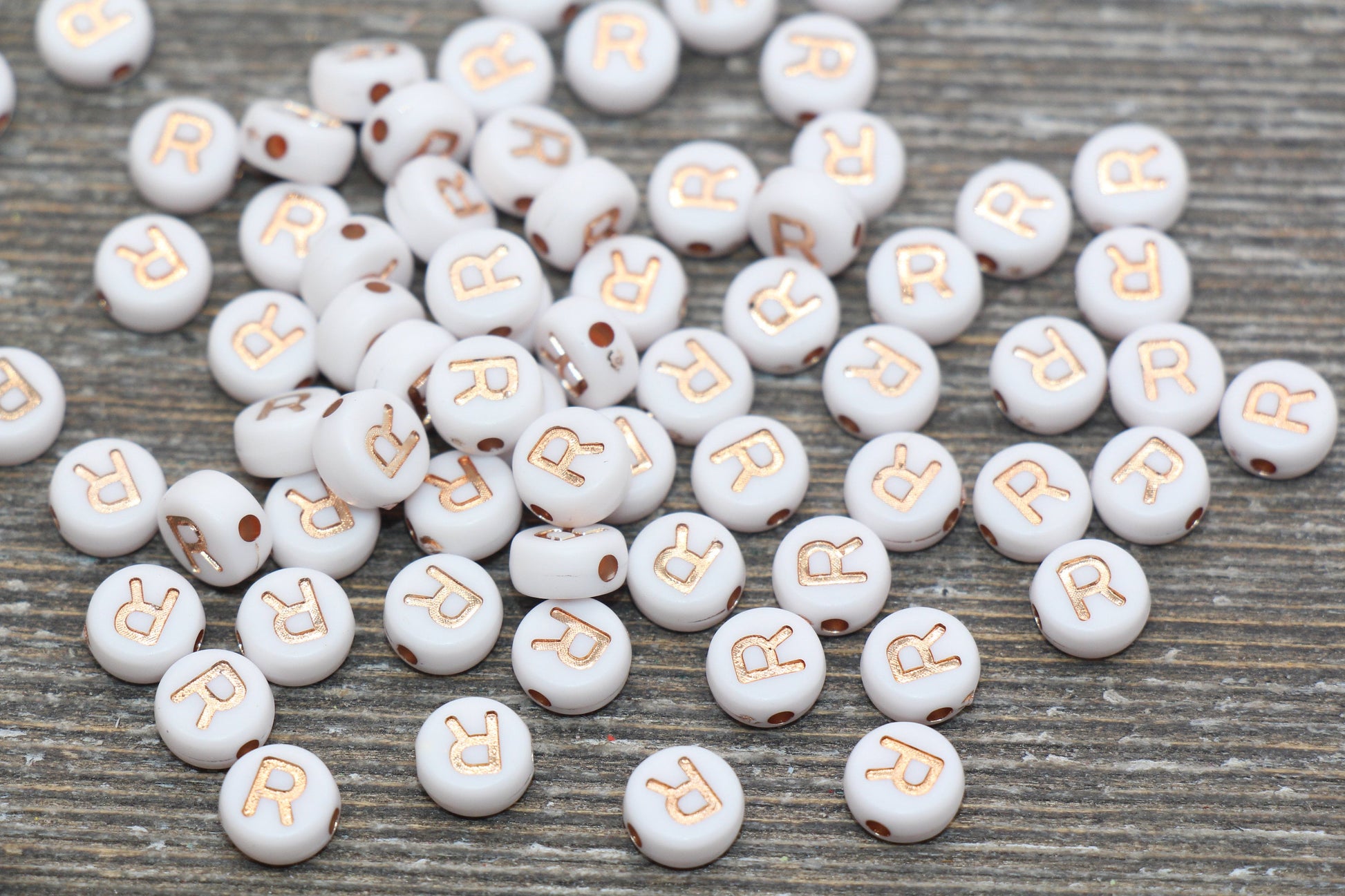 Letter R Alphabet Beads, Rose Gold Letter R Beads, Individual Letter R Beads, Acrylic Round Letter Beads, Name Initial Beads, Size 7mm