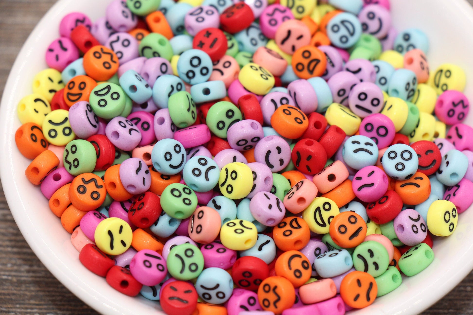 Facial Expression Round Beads, Multicolor with Black Beads, Rainbow Emoji Beads, Happy Face, Sad Face, Plastic Round Beads Size 7mm #484