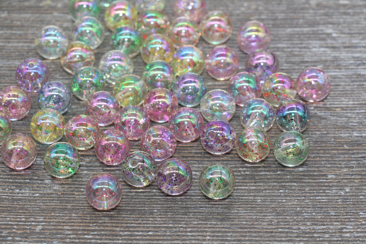 12mm Iridescent Translucent Multicolor Beads with Glitter, Shinny Bubblegum Beads, Sparkle Chunky Beads, Smooth Round Plastic Beads #1840