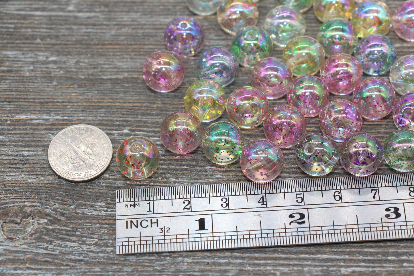12mm Iridescent Translucent Multicolor Beads with Glitter, Shinny Bubblegum Beads, Sparkle Chunky Beads, Smooth Round Plastic Beads #1840