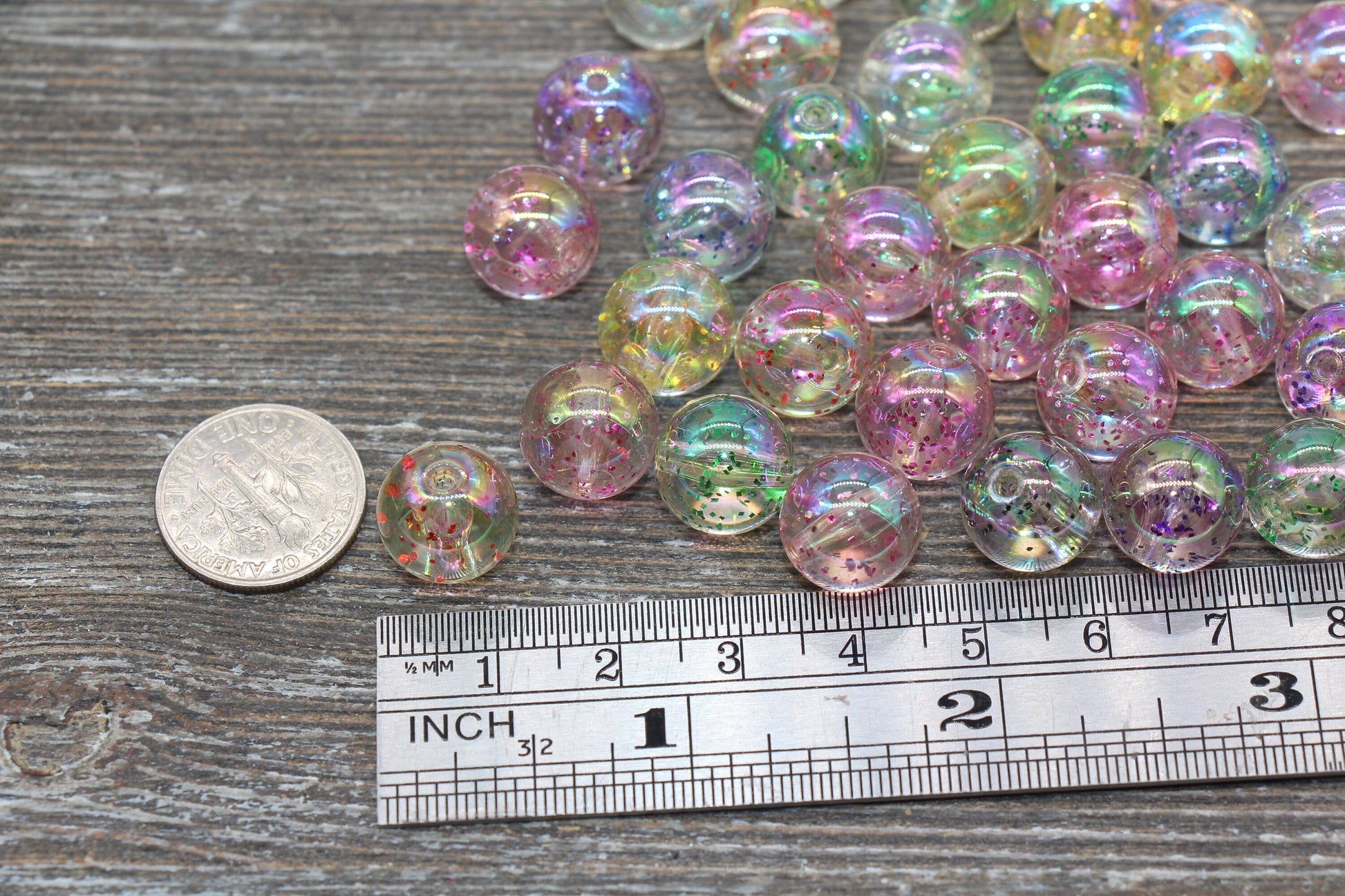 12mm Iridescent Translucent Multicolor Beads with Glitter, Shinny Bubblegum Beads, Sparkle Chunky Beads, Smooth Round Plastic Beads #1840