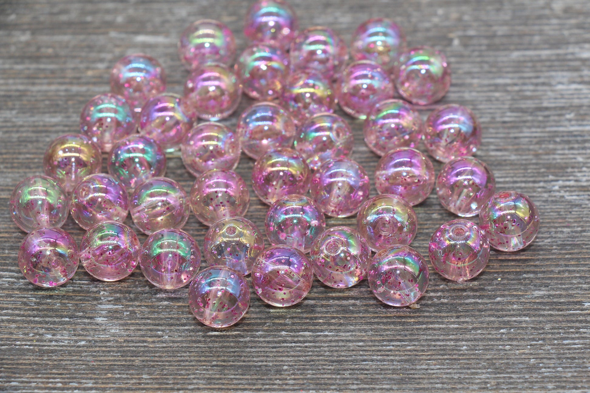 12mm Iridescent Translucent Pink Beads with Glitter, Shinny Bubblegum Beads, Sparkle Chunky Beads, Smooth Round Plastic Beads #1841