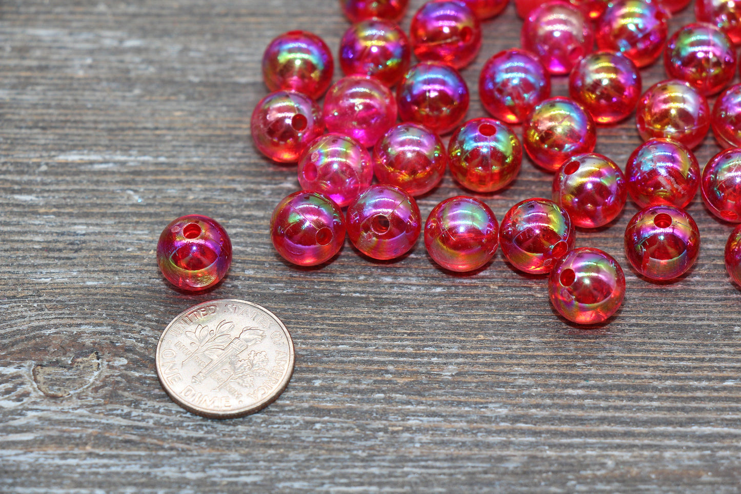 10mm Red AB Round Beads, Iridescent Acrylic Gumball Beads, Translucent Round Spacer Beads, Bubblegum Beads, Plastic Round Bead #1970