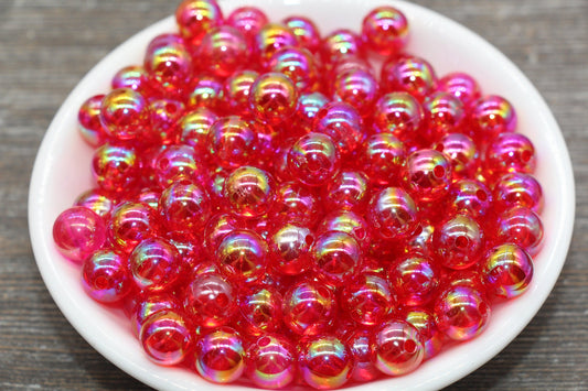 10mm Red AB Round Beads, Iridescent Acrylic Gumball Beads, Translucent Round Spacer Beads, Bubblegum Beads, Plastic Round Bead #1970