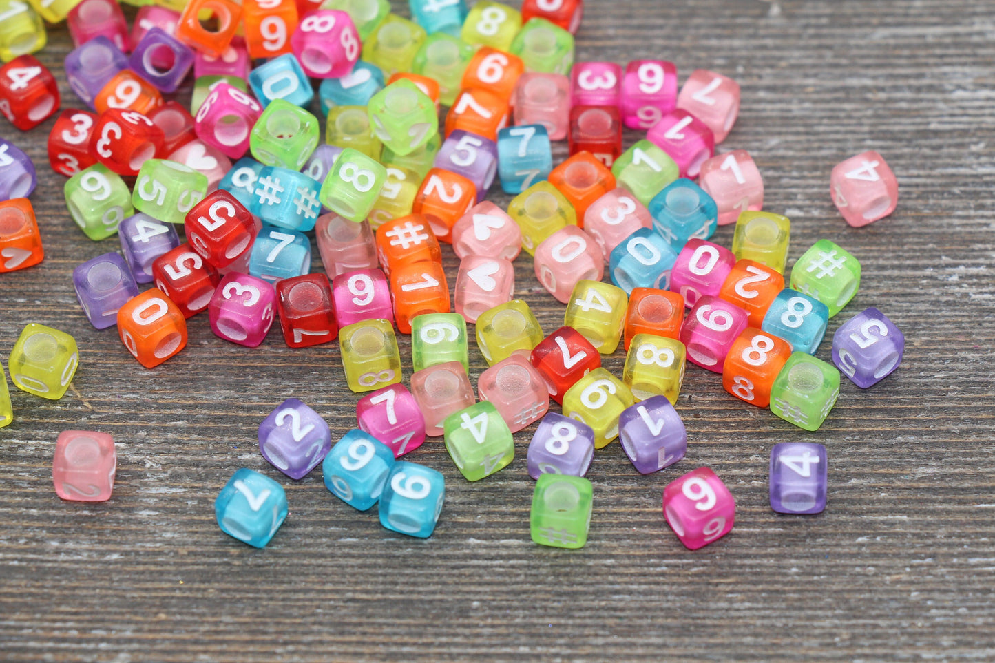 Multicolor Number Beads, Assorted Number Beads, Mix Color Cube Square Number Beads, Heart, Hashtag #, Size 6mm #2038