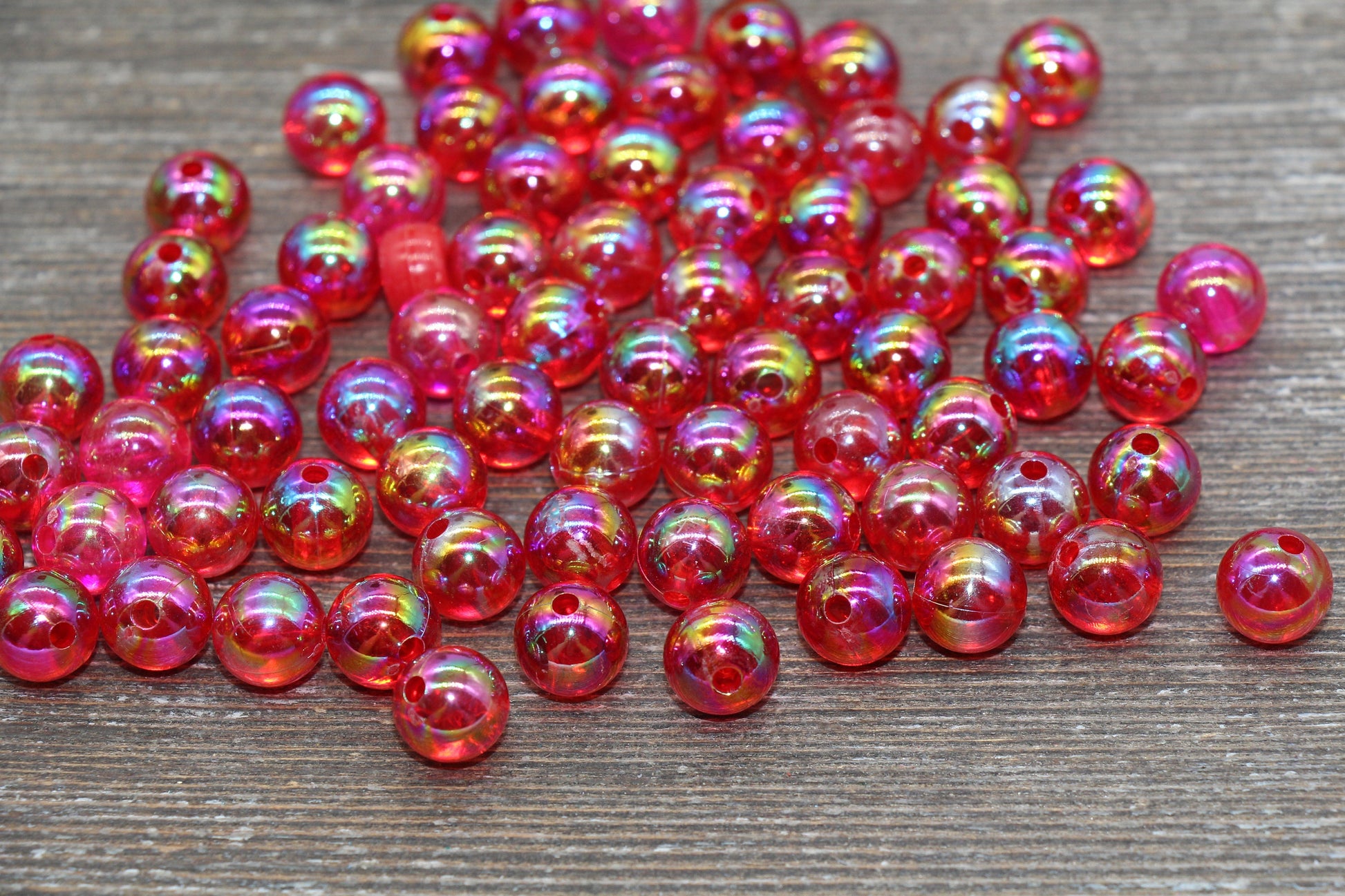 10mm Red AB Round Beads, Iridescent Acrylic Gumball Beads, Translucent Round Spacer Beads, Bubblegum Beads, Plastic Round Bead #1970