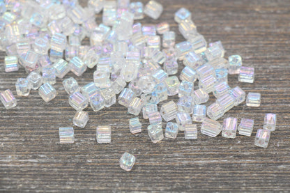 Iridescent Square Glass Beads, 4mm Cube Glass Beads, Sparkle Glass Beads, Transparent Clear AB Square Seed Beads, Beading Supplies #2118