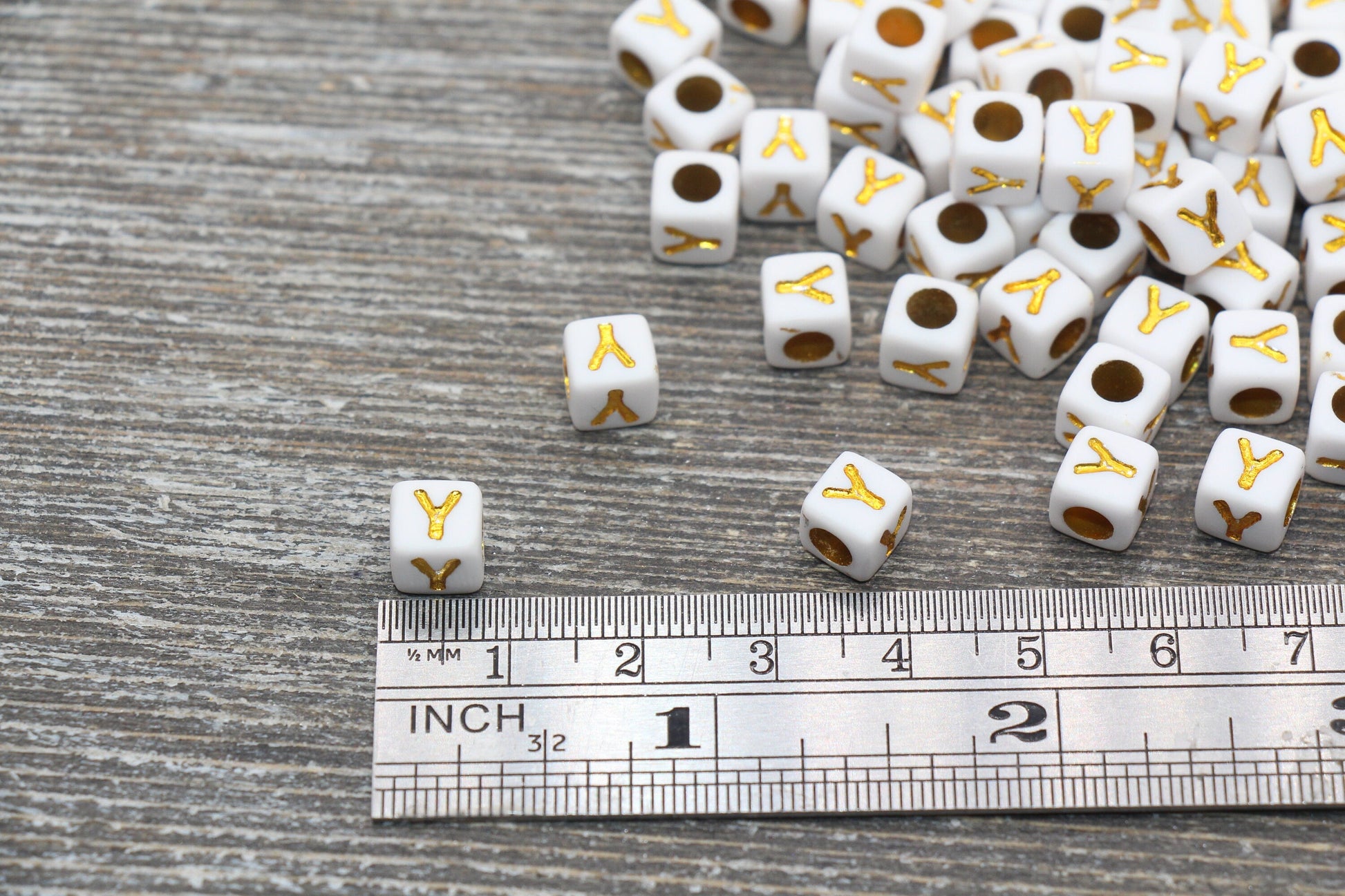 Letter Y Letter Beads, Cube White Beads with Gold Lettering, Individual Letter Beads, Acrylic Square Name Beads, Size 7mm