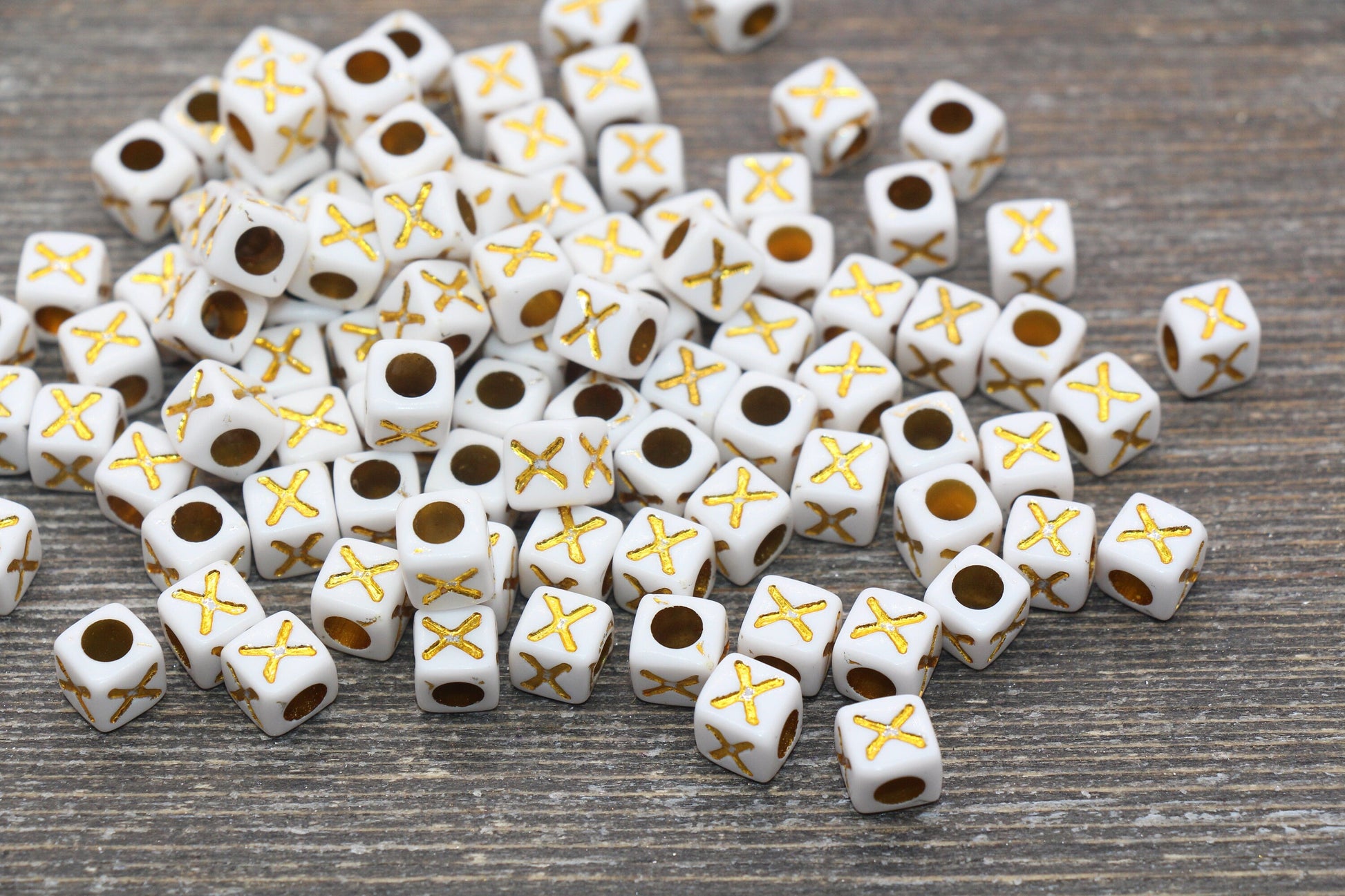Letter X Letter Beads, Cube White Beads with Gold Lettering, Individual Letter Beads, Acrylic Square Name Beads, Size 7mm