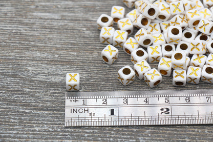 Letter X Letter Beads, Cube White Beads with Gold Lettering, Individual Letter Beads, Acrylic Square Name Beads, Size 7mm