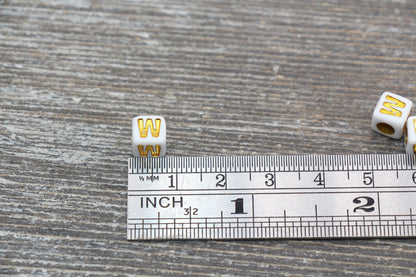 Letter W Letter Beads, Cube White Beads with Gold Lettering, Individual Letter Beads, Acrylic Square Name Beads, Size 7mm