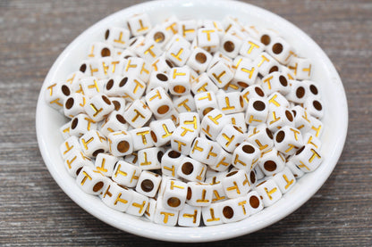Letter T Letter Beads, Cube White Beads with Gold Lettering, Individual Letter Beads, Acrylic Square Name Beads, Size 7mm