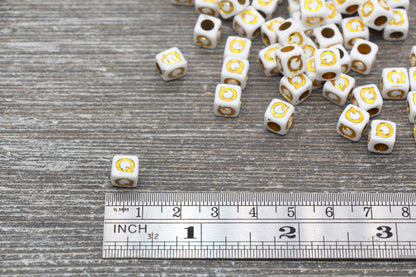 Letter Q Letter Beads, Cube White Beads with Gold Lettering, Individual Letter Beads, Acrylic Square Name Beads, Size 7mm