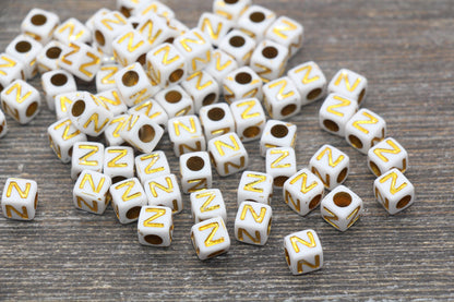 Letter N Letter Beads, Cube White Beads with Gold Lettering, Individual Letter Beads, Acrylic Square Name Beads, Size 7mm