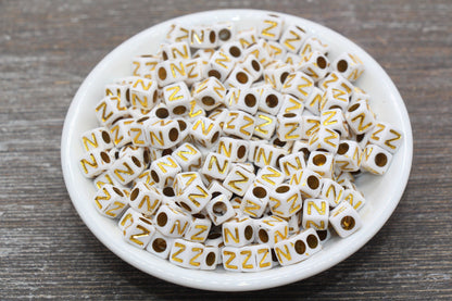 Letter N Letter Beads, Cube White Beads with Gold Lettering, Individual Letter Beads, Acrylic Square Name Beads, Size 7mm