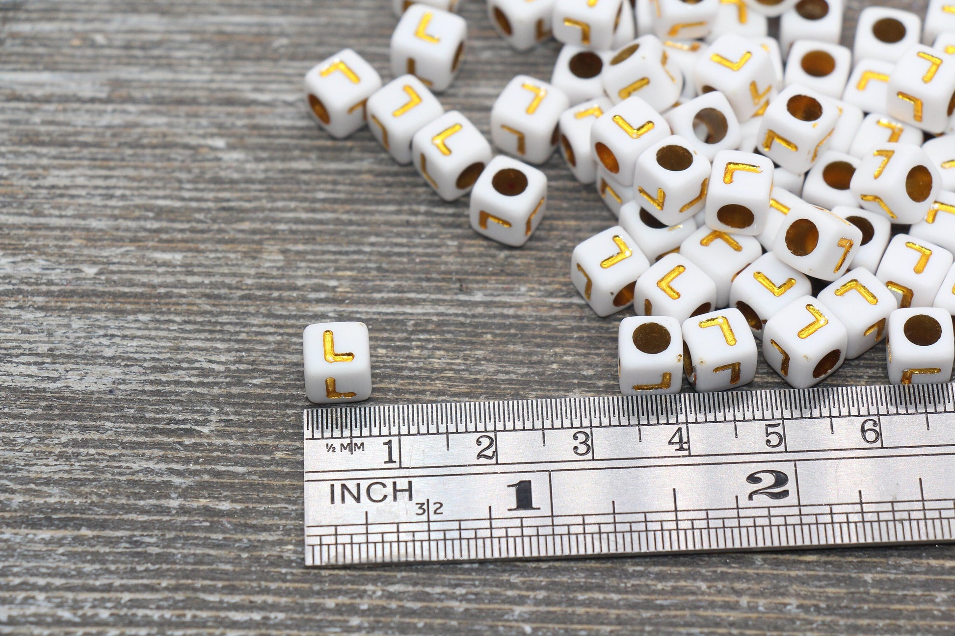 Letter L Letter Beads, Cube White Beads with Gold Lettering, Individual Letter Beads, Acrylic Square Name Beads, Size 7mm