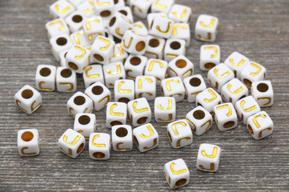Letter J Letter Beads, Cube White Beads with Gold Lettering, Individual Letter Beads, Acrylic Square Name Beads, Size 7mm