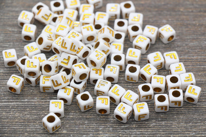 Letter F Letter Beads, Cube White Beads with Gold Lettering, Individual Letter Beads, Acrylic Square Name Beads, Size 7mm