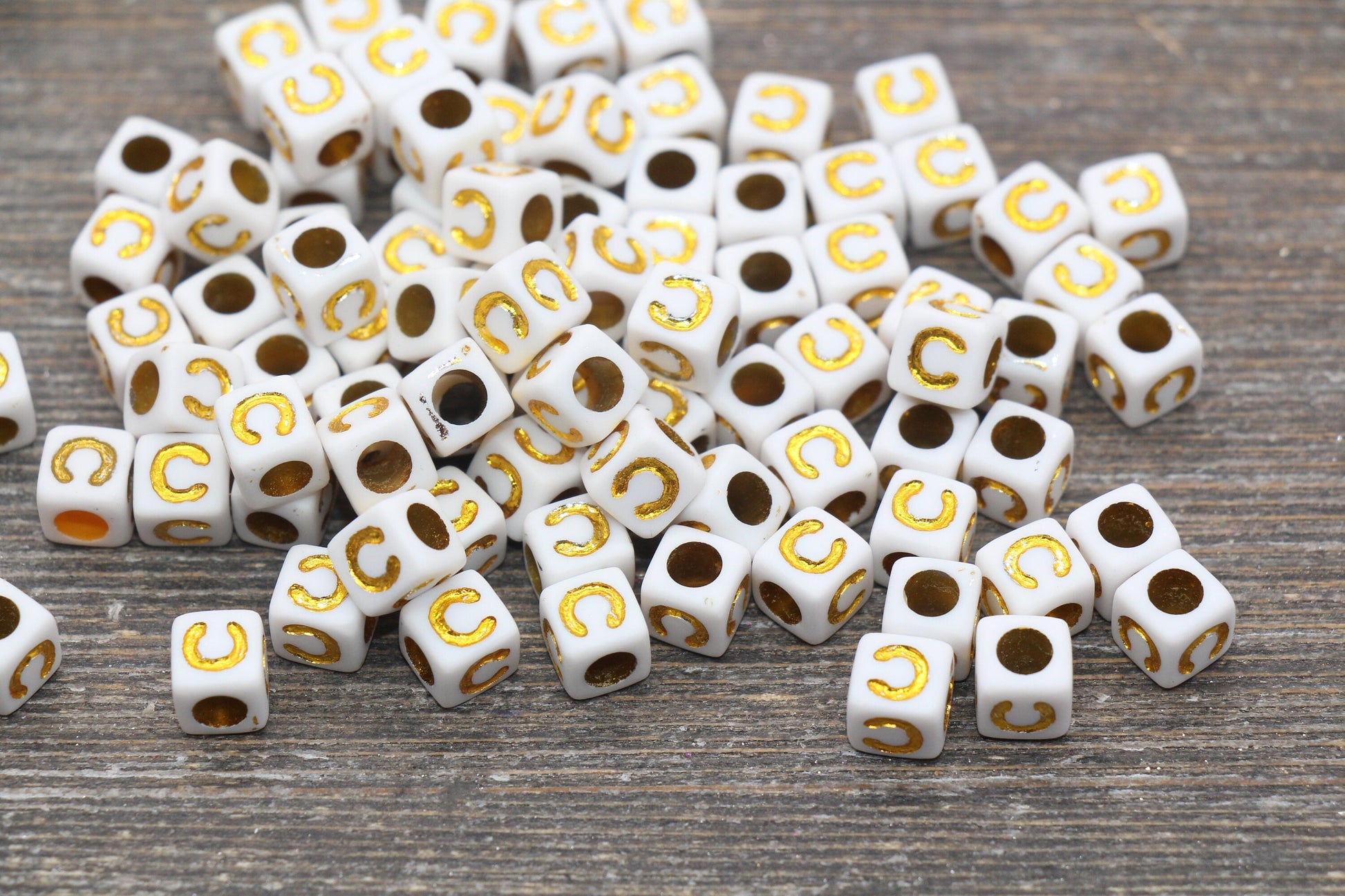 Letter C Letter Beads, Cube White Beads with Gold Lettering, Individual Letter Beads, Acrylic Square Name Beads, Size 7mm