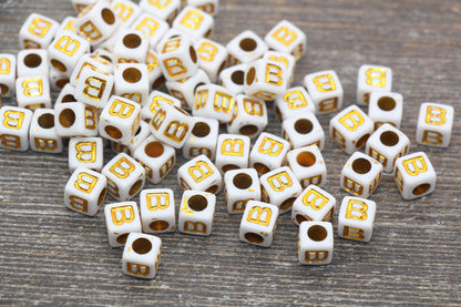 Letter B Letter Beads, Cube White Beads with Gold Lettering, Individual Letter Beads, Acrylic Square Name Beads, Size 7mm