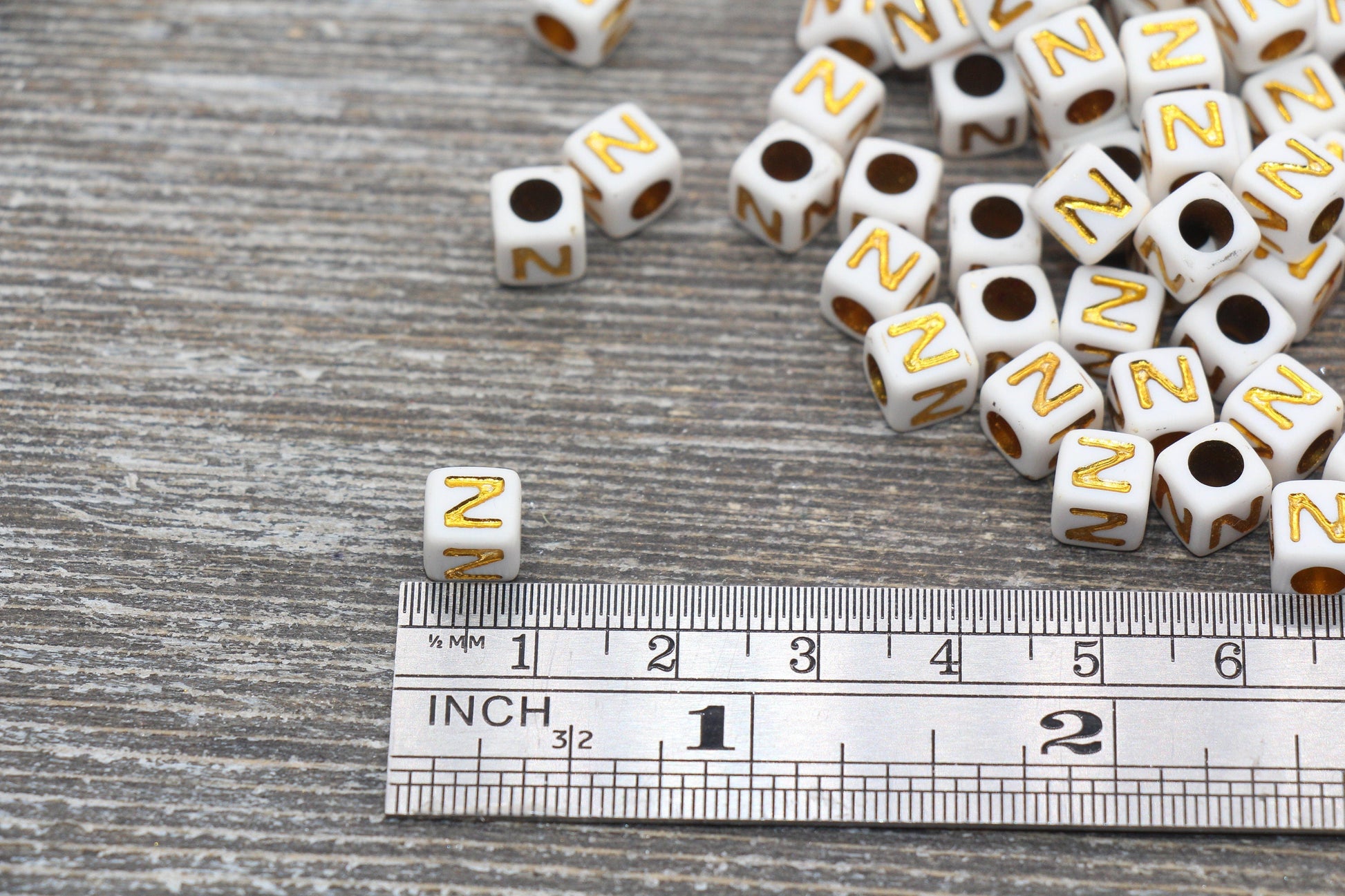 Letter Z Letter Beads, Cube White Beads with Gold Lettering, Individual Letter Beads, Acrylic Square Name Beads, Size 7mm