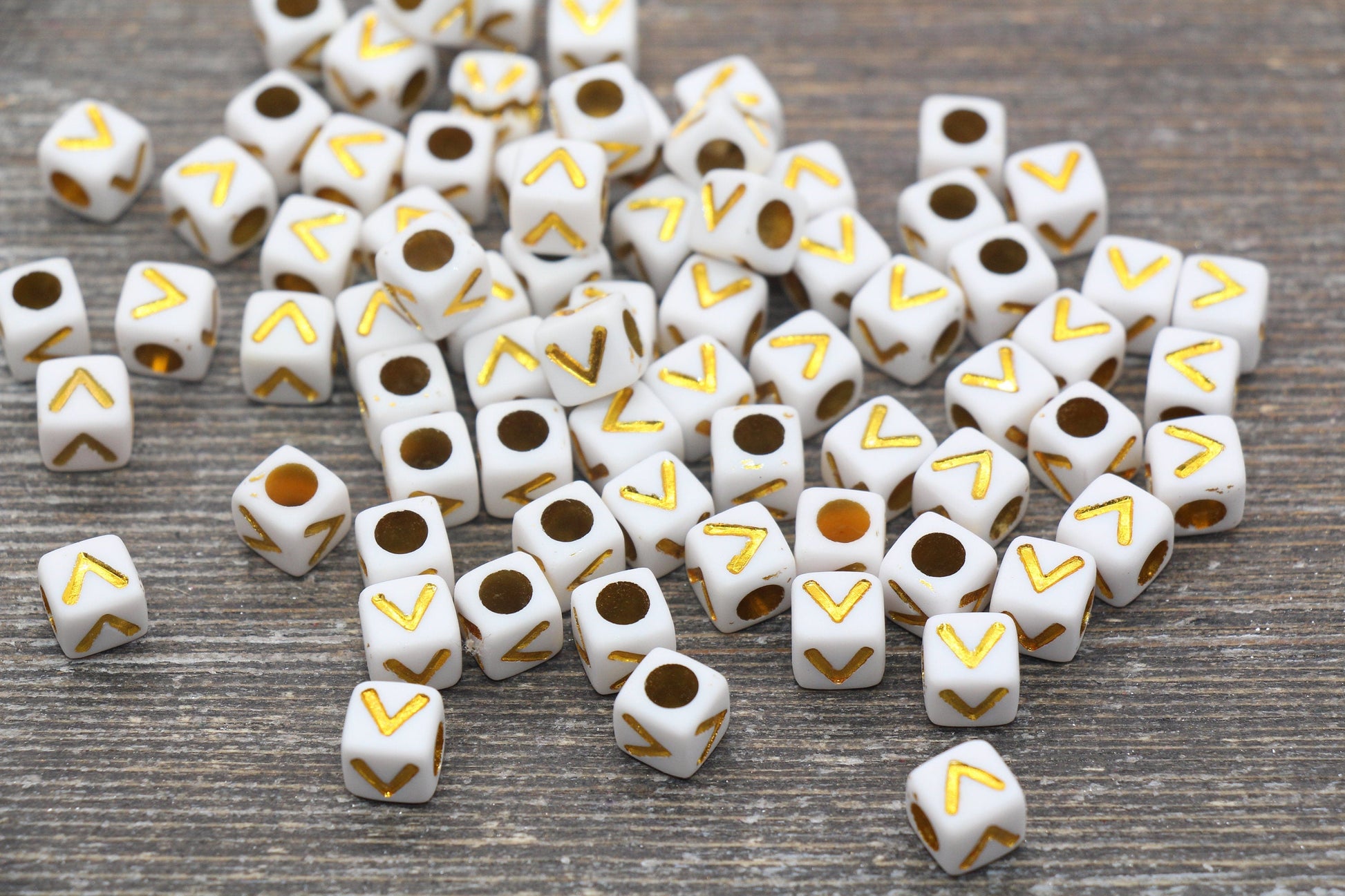 Letter V Letter Beads, Cube White Beads with Gold Lettering, Individual Letter Beads, Acrylic Square Name Beads, Size 7mm