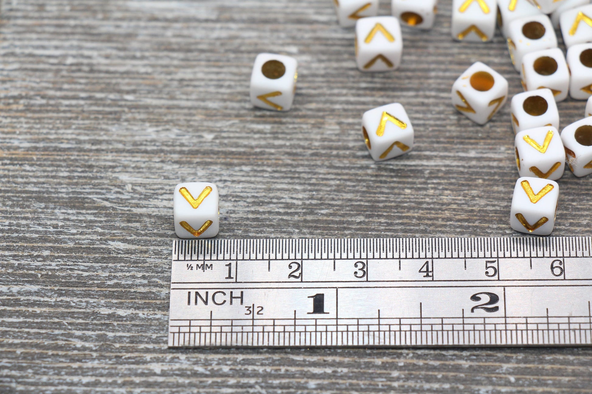 Letter V Letter Beads, Cube White Beads with Gold Lettering, Individual Letter Beads, Acrylic Square Name Beads, Size 7mm