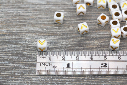 Letter V Letter Beads, Cube White Beads with Gold Lettering, Individual Letter Beads, Acrylic Square Name Beads, Size 7mm