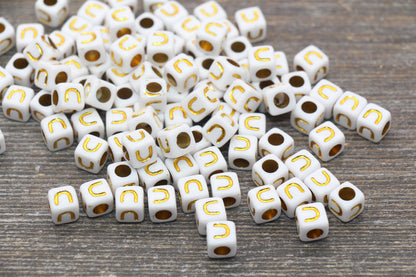 Letter U Letter Beads, Cube White Beads with Gold Lettering, Individual Letter Beads, Acrylic Square Name Beads, Size 7mm