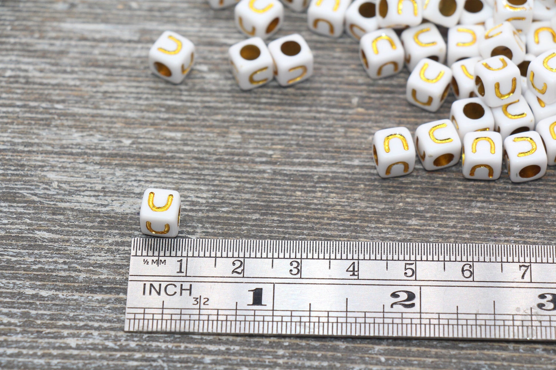 Letter U Letter Beads, Cube White Beads with Gold Lettering, Individual Letter Beads, Acrylic Square Name Beads, Size 7mm