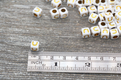 Letter U Letter Beads, Cube White Beads with Gold Lettering, Individual Letter Beads, Acrylic Square Name Beads, Size 7mm