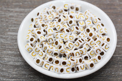 Letter U Letter Beads, Cube White Beads with Gold Lettering, Individual Letter Beads, Acrylic Square Name Beads, Size 7mm