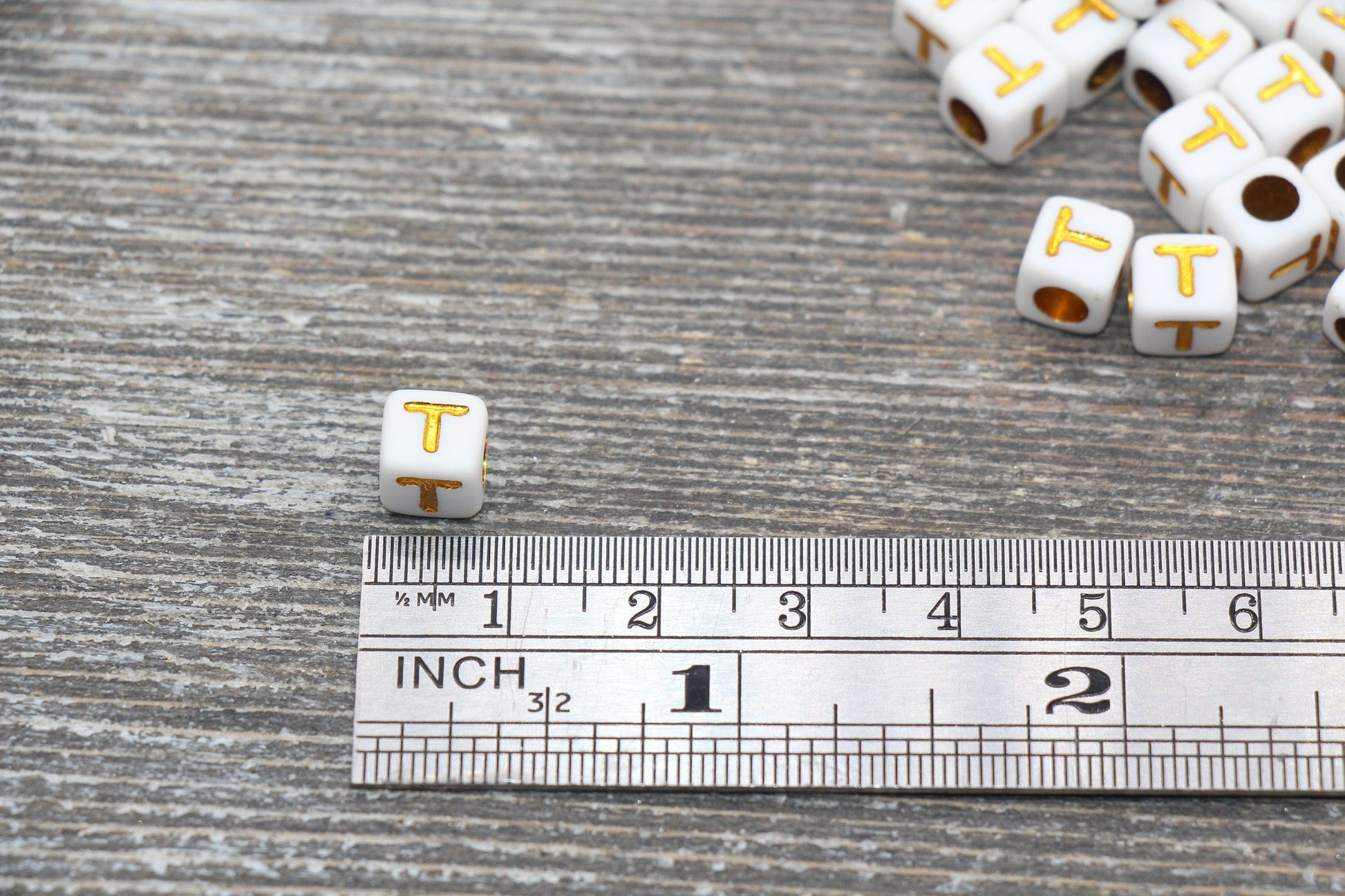Letter T Letter Beads, Cube White Beads with Gold Lettering, Individual Letter Beads, Acrylic Square Name Beads, Size 7mm