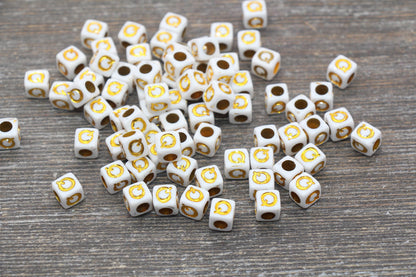 Letter Q Letter Beads, Cube White Beads with Gold Lettering, Individual Letter Beads, Acrylic Square Name Beads, Size 7mm