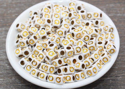 Letter Q Letter Beads, Cube White Beads with Gold Lettering, Individual Letter Beads, Acrylic Square Name Beads, Size 7mm
