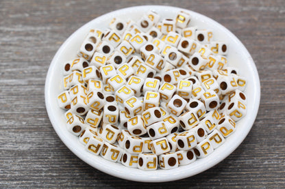Letter P Letter Beads, Cube White Beads with Gold Lettering, Individual Letter Beads, Acrylic Square Name Beads, Size 7mm