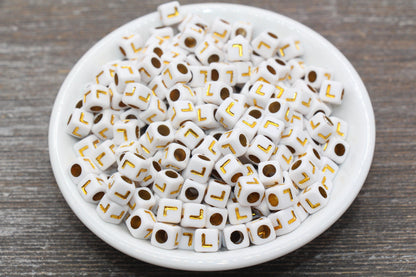 Letter L Letter Beads, Cube White Beads with Gold Lettering, Individual Letter Beads, Acrylic Square Name Beads, Size 7mm