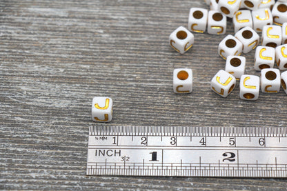 Letter J Letter Beads, Cube White Beads with Gold Lettering, Individual Letter Beads, Acrylic Square Name Beads, Size 7mm