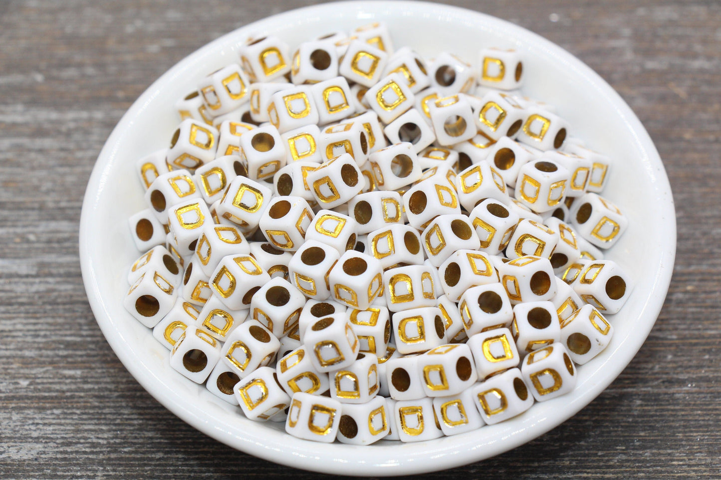 Letter D Letter Beads, Cube White Beads with Gold Lettering, Individual Letter Beads, Acrylic Square Name Beads, Size 7mm
