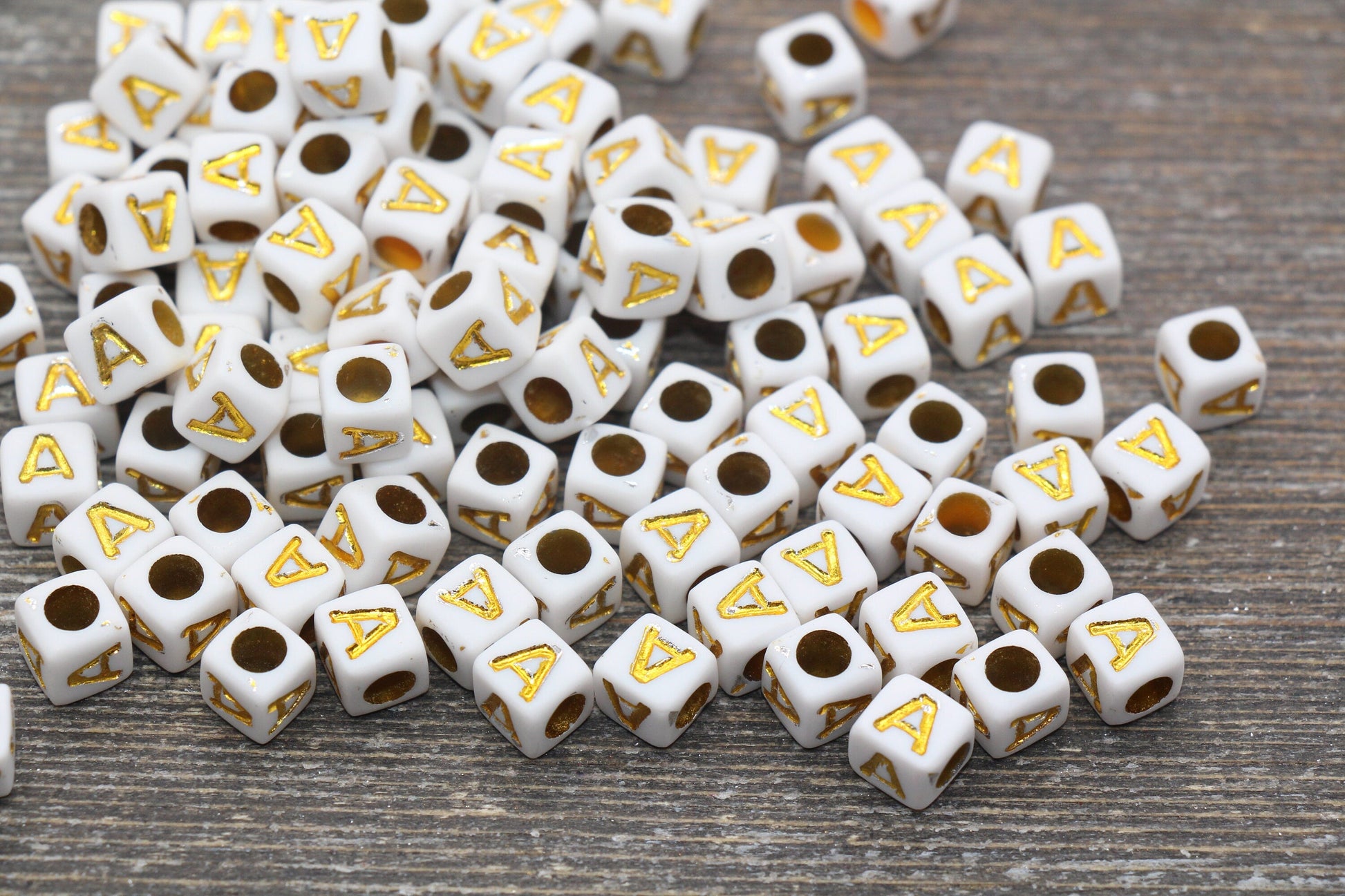 Letter A Letter Beads, Cube White Beads with Gold Lettering, Individual Letter Beads, Acrylic Square Name Beads, Size 7mm