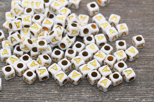 Letter A Letter Beads, Cube White Beads with Gold Lettering, Individual Letter Beads, Acrylic Square Name Beads, Size 7mm