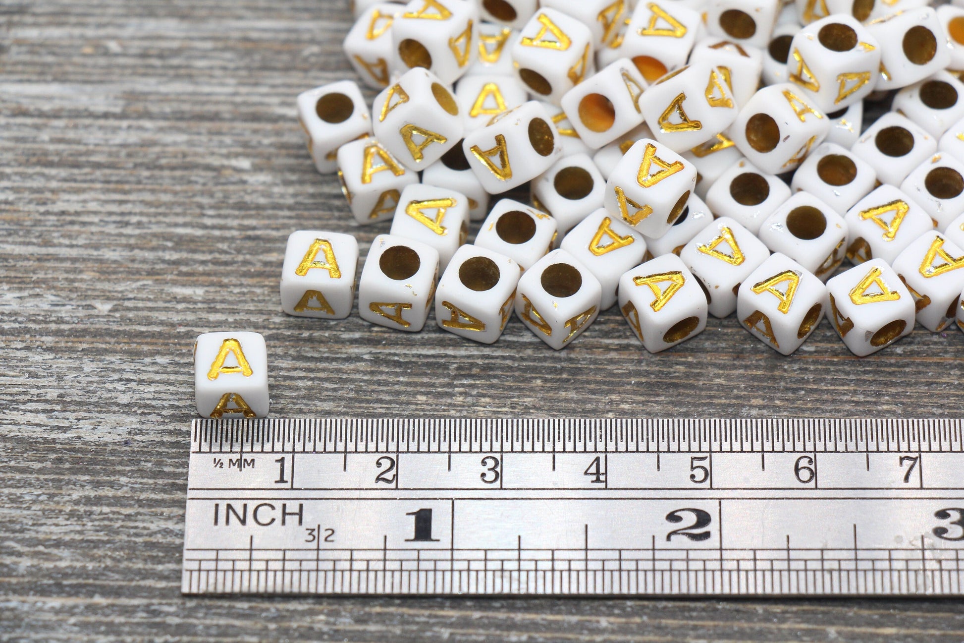 Letter A Letter Beads, Cube White Beads with Gold Lettering, Individual Letter Beads, Acrylic Square Name Beads, Size 7mm
